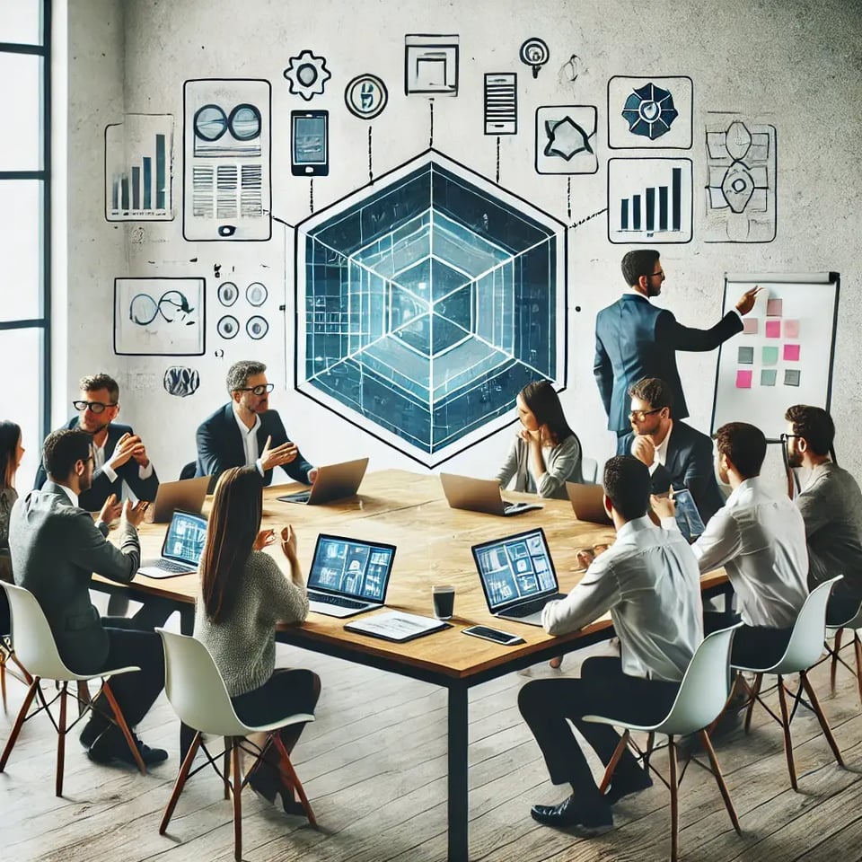 DALL·E 2024-10-25 15.15.33 - A modern photo showing a team in a meeting room actively discussing technology options. The group is gathered around a table with open laptops, papers